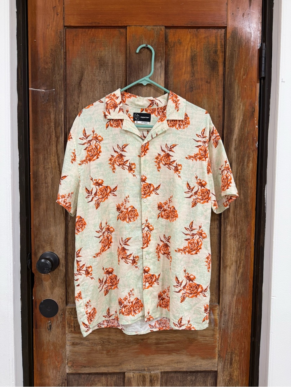 Original Use Cream Short-Sleeve Button-Down with Orange Floral Print